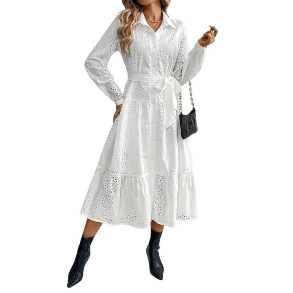 Women's White Poly/Spandex Eyelet Lace Long Sleeve Mid Length Button Front Colla - Picture 1 of 12